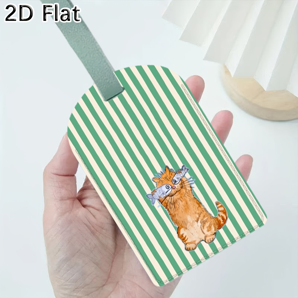 Luggage Tag Leather - Schattige kat en groene strepen bagagelabel
