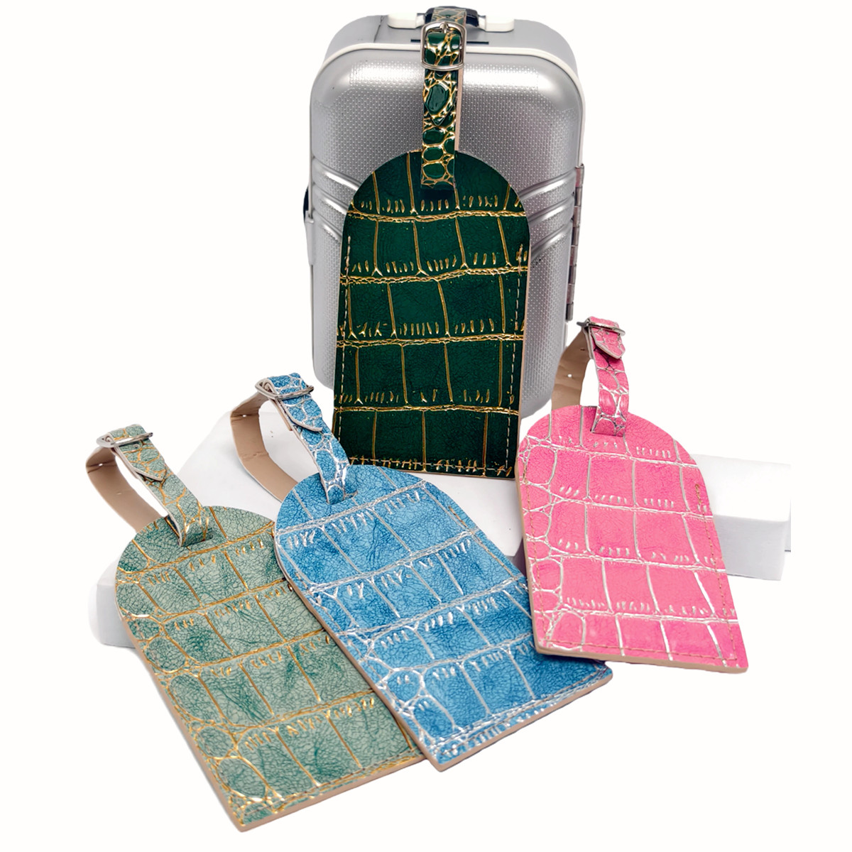 Luggage Tag Leather - Krokodil Reliëf Goud/Zilver Kleur Grens Bagagelabel